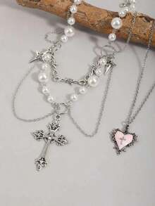 2pcs Gothic Layered Cross Necklace, Faux Pearl Tassel Choker Necklace, Rose Thorn Cross Pendant Punk Layered Sweater Chain Necklace Set For Women - 黑色 - 查看 3