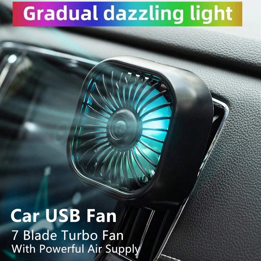 1pc Car Air Vent Cooling Fan, USB Powered Strong 7-Blade Turbine Fan With Gradient Color Atmosphere Light, Low Noise Multi-Function Mini Car Interior Cooling Fan - Car Vent Fan (wired) - View 1