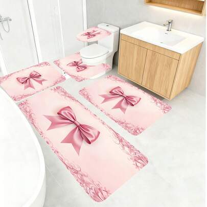 1/3/5件套粉色蝴蝶结浴室地垫套装，防滑涤纶浴垫，可爱少女风浴室装饰配件，含马桶座套和弧形地垫，浴室配件，也适用于客厅、卧室、厨房和房间装饰