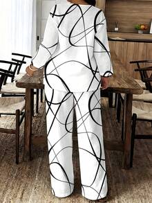A Women's Unique & Simple Linen & Cotton Woven Fresh & Breathable Suit, Gift For Best Friend, Summer Outdoor Shopping, White-Black Abstract Curve Plus Size Women's V-Neck Long Pants Set - Nhiều màu - Xem 3