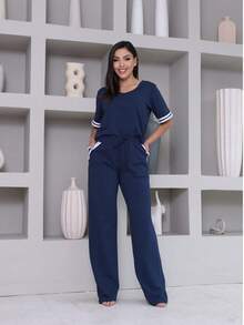 Women's Striped Set - Pants And Top In Lightweight Fleece With White Details - Comfortable Style - Navy Blue - View 4