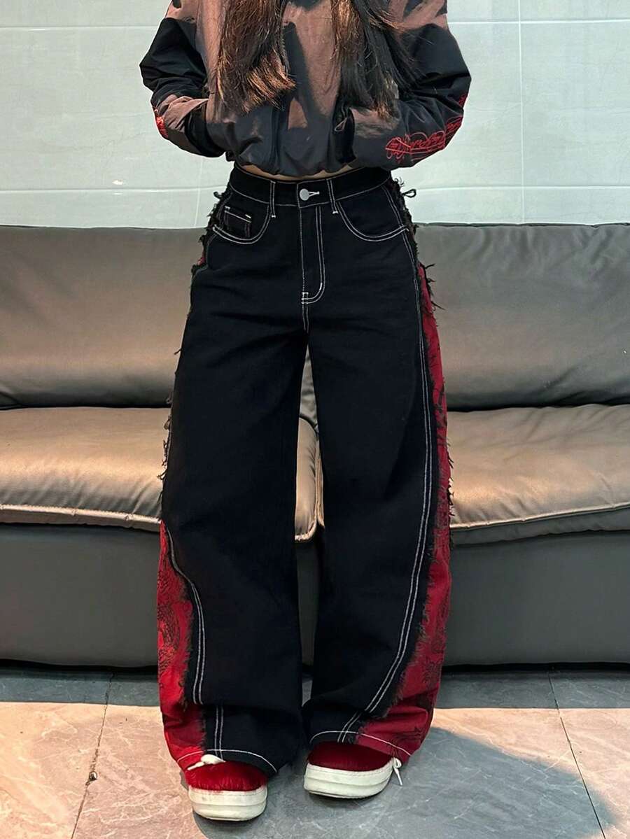 女士休闲宽松撞色拼接阔腿牛仔裤，舒适百搭通勤裤（不含腰带/配饰）黑色夏季款