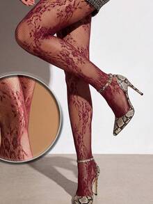 CLAGAINER 5 Pairs Vintage Rose Lace Fishnet Tights, Multicolor Y2K Sexy Sheer Floral Jacquard Fishnet Stockings - Multicolor - View 5