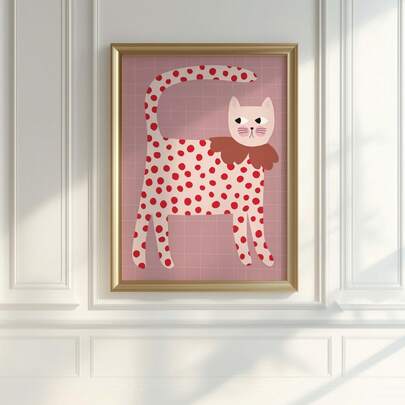 1 pieza Póster de arte de pared de lienzo con gato sin marco y lunares de colores para decoración de habitación de niños, sala de estar, dormitorio