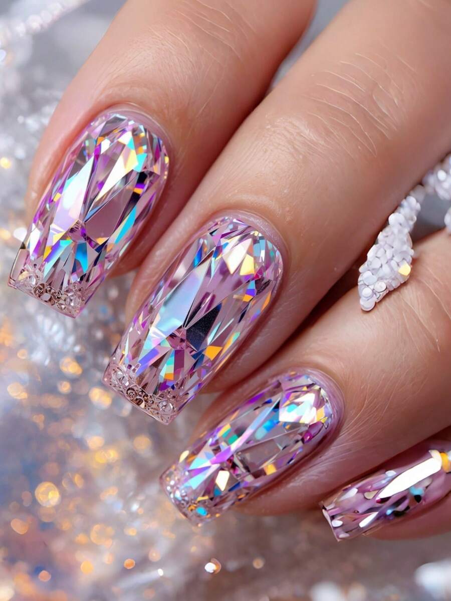 24pcs Purple & Pink Shiny Gem Wearable Armor Square Long Fake Nails, Y2K Style Nail Art Supplies For Spring - Mauve Purple - View 1