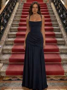 2026 Navy Blue Bodycon Maxi Dress – Sleeveless Square Neck Gown With Back Tie Detail, Elegant Evening Party & Date Night Dress - 藏蓝色 - 查看 2