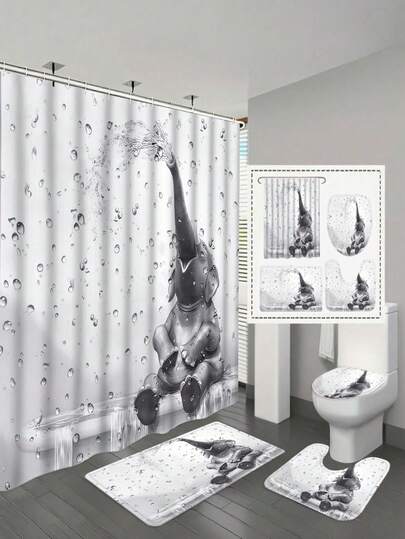 1/4件套趣味大象浴帘套装，非洲动物戏水，可爱野生蝴蝶和雨滴图案，灰色野生动物，幽默布艺浴室装饰 - 防水涤纶浴帘，防滑浴垫，U型马桶垫，12个挂钩 - 现代家居装饰风格，浴室配件，易于清洁和维护，绝佳乔迁礼物 - 四季皆宜