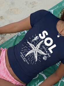 Women's Short Knit Crew Neck T-Shirt With Starfish Print, Slightly Stretchy, Suitable For Summer Wear Casual - Dark Blue - View 3