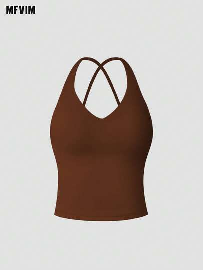 MFVIM Camiseta de tirantes para mujer con cuello halter y sensación de desnudez, diseño de espalda abierta con cruce, tirantes ajustables para comodidad: camiseta deportiva transpirable y casual para correr, actividades al aire libre, pilates, yoga, gimnasio, versátil sujetador deportivo