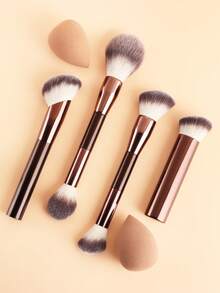 4pcs Face Powder Blush Contour Makeup Brushes Set + 2pcs Makeup Sponges, Soft Hair Skin-Friendly Cosmetic Brush Kit, Makeup Tools - Multicolor - View 2