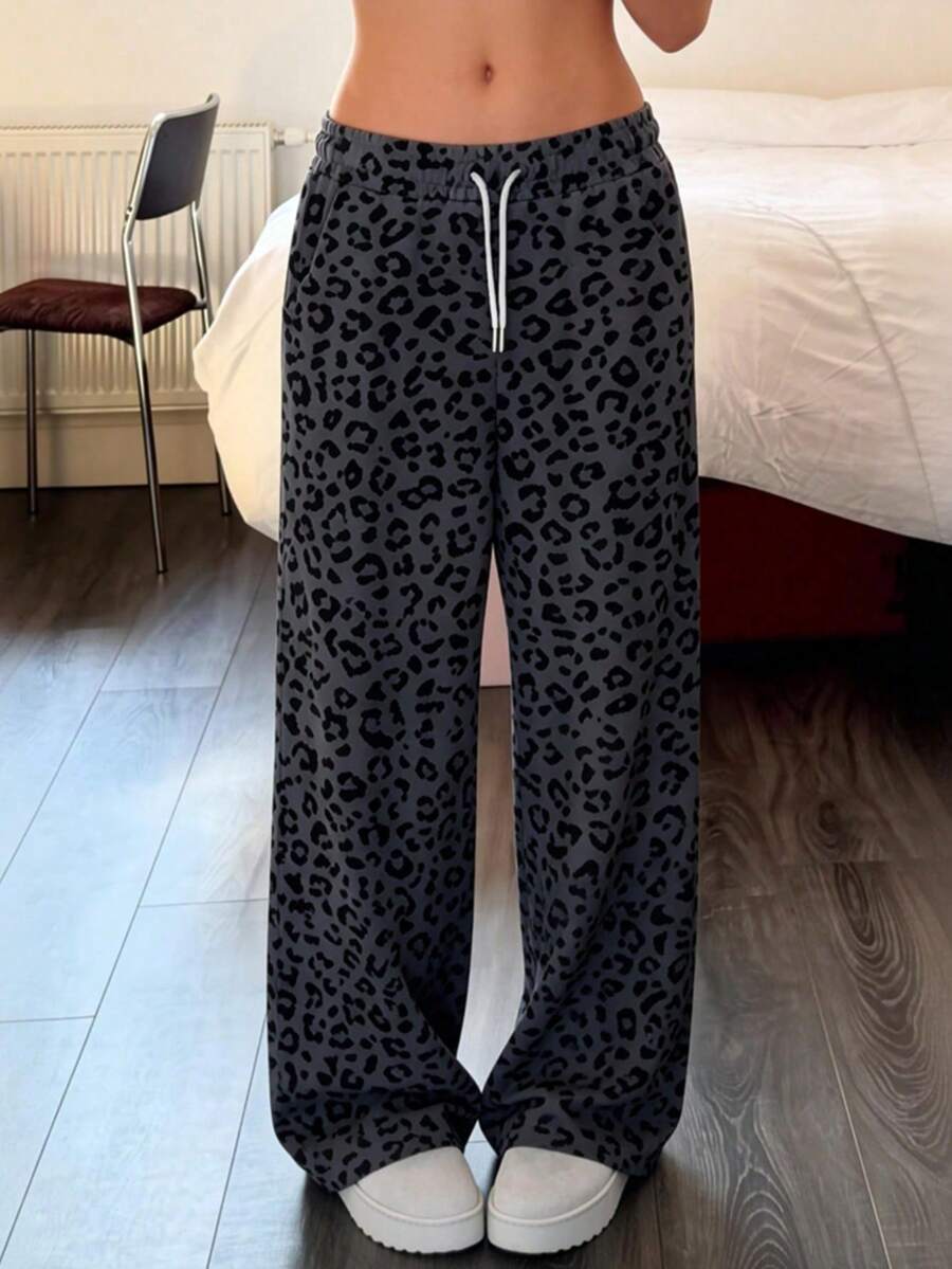 Women's Pink Leopard Print Drawstring Straight Leg Casual Pants With Pockets, Lightweight Stretchy Polyester Fabric