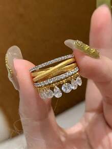 1 chiếc nhẫn tua rua hình giọt nước mạ vàng đồng, kiểu dáng cổ điển sang trọng với nhiều lớp tua rua, thích hợp cho phụ nữ đeo hàng ngày, phối đồ, hẹn hò, dự tiệc hoặc làm quà tặng ngày lễ. - Vàng - Xem 4