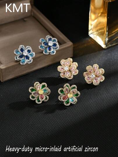 KMT 2件套铜镶嵌立方氧化锆双层花卉优雅奢华耳环，适合派对和宴会配饰