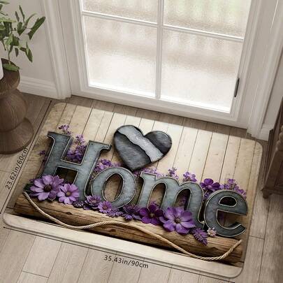 1件紫色花朵图案家用法兰绒印花地垫，2D平面印花，柔软防滑吸水可水洗厨房地垫，耐脏耐磨损易清洁地毯，长方形低绒地毯，适用于客厅、卧室、厨房、洗衣房、浴室