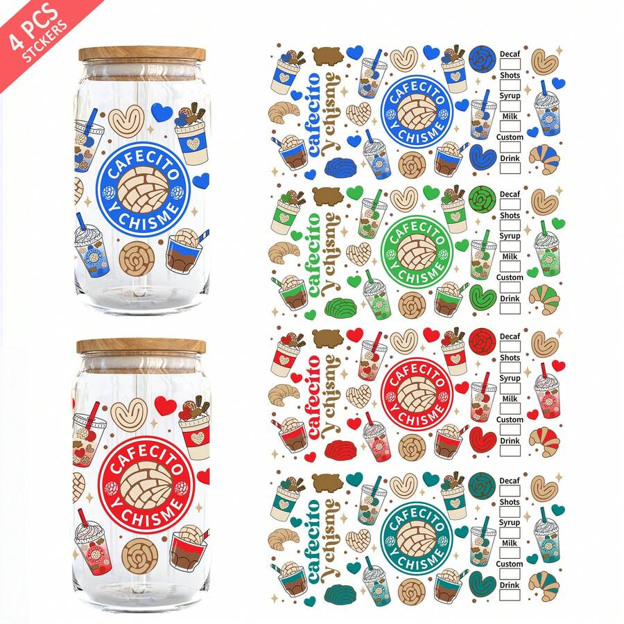 Bộ 4 miếng dán chuyển nhiệt UV DTF cho cốc thủy tinh 16oz (9.4x4.3in) không cần nhiệt, Y Chisme Mexican Concha Pan Dulce, Nhãn dán danh sách đồ uống cà phê đá cho cốc Libbey, Quà tặng DIY kiểu Latina - Latina 01 - Xem 1