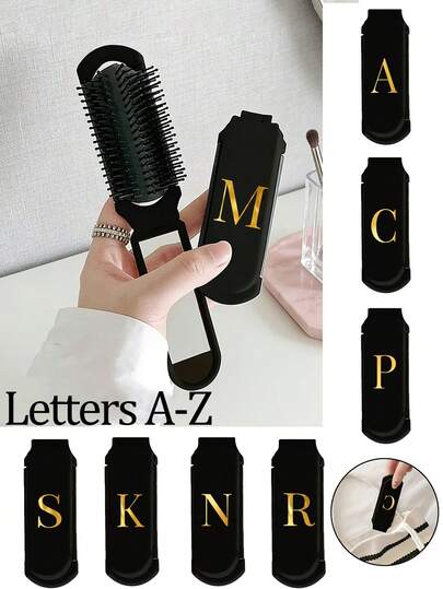 Balck 2-In-1 Foldable Hair & Makeup Mirror – Portable, Tabletop, Foldable 180 °,Contemporary Beauty Tool For Travel,Alphabet Letter And Shining Gold Initials A-Z Pattern,Folding Comb With Makeup Mirror, Easy To Carry, Perfect For Travel Outgoing Use, Dual-Use Air Cushion Comb, Scalp Massage Hair Comb,Suitable For School, Work, Travel, Vacation, Giving To Girls, Family, Friends, Colleagues, Mothers, Mother Gifts