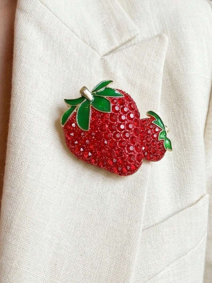 1pc Elegant Rhinestone Studded Strawberry Brooch Pin For Women Gifts For Mother, Father, Graduation, And Teacher - Multicolor - View 1