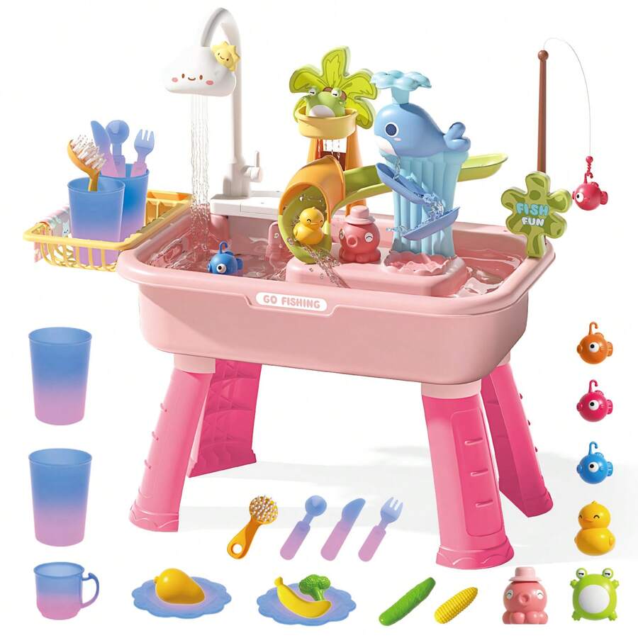 Beach Table Simulation Kitchen Sink& Fishing Platform 3-In-1 Toy Dishwashing Set - Pink - View 1