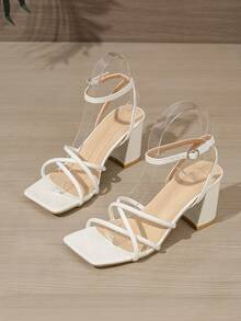 女士白色鞋履，新款夏季方头高跟凉鞋，简约百搭设计，适合日常穿着、派对及优雅场合，粗跟踝带凉鞋 - 白色 - 查看 6