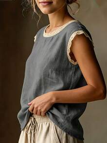 Vintage Style Linen Short Sleeve Top For Women Lace Patchwork Round Neck Loose Slimming Summer Breathable Linen Blend T-Shirt - Xám - Xem 5