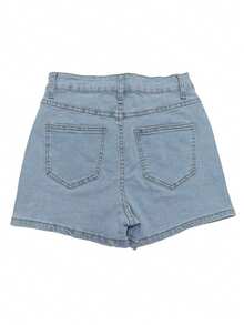 可爱波西米亚风直筒牛仔短裤，中等弹力，带纽扣口袋，适合女性夏季休闲穿着 - 淺色水洗藍 - 查看 4