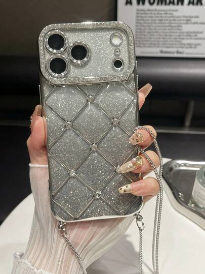 1个镶钻菱形图案6D电镀亮片手机壳，带挂绳，兼容 17/16/XR/XS Max/11/11 Pro/11 Pro Max/12/12 Pro/12 Pro Max/13/13 Pro/13 Pro Max/14/14 Pro/14 Pro Max/15/15 Pro/15 Plus/15 Pro Max，蝴蝶结装饰保护套