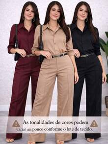 Kit Of 3 Women's Tailored Wide Leg Pants With Belt - Caramel / Rượu vang / Đen - Xem 2