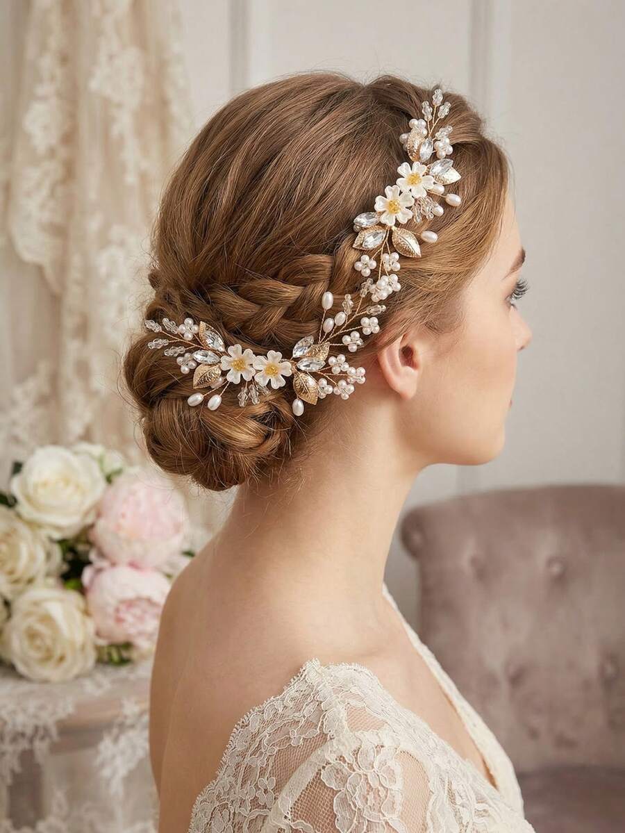 2 Stück handgefertigte Kristall- & Perlenblumen Haarspangen, goldfarbenes Metallblatt Braut Haarschmuckset