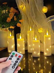 5串带遥控器的仙女灯，定时/遥控功能，电池供电，内置闪烁灯，无焰蜡烛造型，适用于桌面摆件、家居装饰、万圣节、圣诞节、情人节、母亲节、餐桌、生日、礼物、求婚、婚礼、派对等各种节日氛围营造。 - 透明-外嵌燈串 - 查看 8