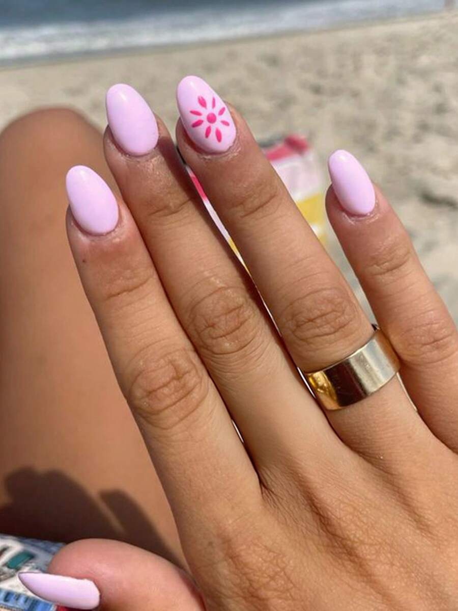 24 móng tay giả ngắn mùa hè, màu hồng tươi sáng dễ thương, phong cách tối giản, không thể thiếu cho kỳ nghỉ. - Hồng - Xem 1