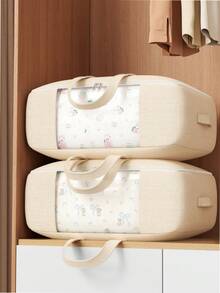 1PC Portable Linen-Pattern Storage Bag With Transparent Window, Large Capacity Clothes Organizer With Dual Handles & Sturdy Zipper, Foldable Dustproof Pouch For Blankets, Pillows & Travel Essentials, Perfect For Closet, Dorm & Home Organization - Beige - View 5