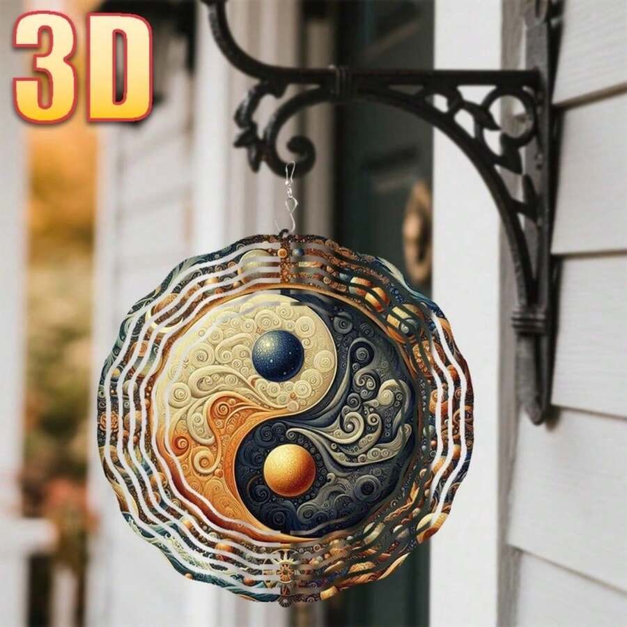 1 pieza Carillón de viento con patrón 3D Yin Yang, diseño delicado que muestra una belleza armoniosa, 10in*10in con gancho giratorio de 360°, decoración de jardín exterior de metal duradero, estilo de gancho giratorio aleatorio incluido