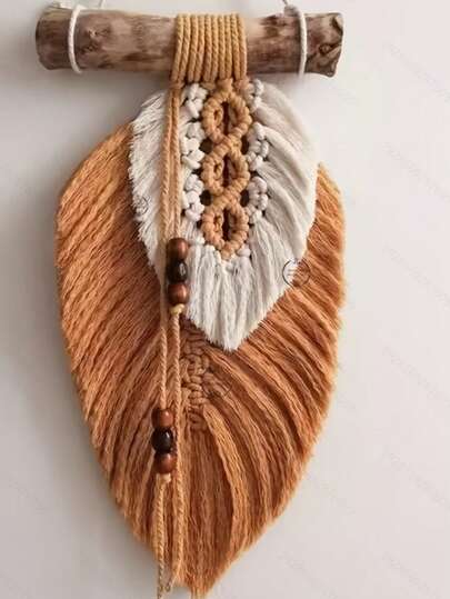 Tranh treo tường phong cách Boho dệt hình lá, trang trí bằng lông vũ thủ công cho phòng ngủ và phòng khách.