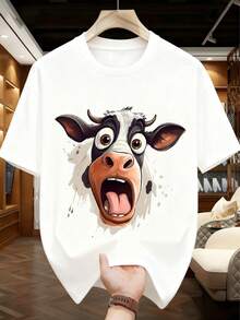 Plus Size Men's Pajama Set | Round Neck Short Sleeve Top And Elastic Waist Casual Shorts 2 Piece Set | Polyester Knit Fabric Soft And Breathable Loose Fit | Cute Cow Print Pattern Casual Design - Black and White - View 2