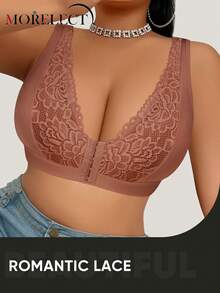 Morelect Plus Size Women Lace Patchwork Front Closure Wireless Bra, Fashionable Jacquard Supportive And Lifting - Camel - View 3