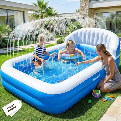 2026 Hot Spring Summer M Size Rectangle Inflatable Kids Pool, Durable Blow Up Swimming Pool With Built-In Sprinkler & Large Comfort Backrest, Small Portable Kiddie Water Pool, Summer Outdoor Water Entertainment Toy For Children, Ideal For Backyard Garden Party, Home Decoration & Outdoor Leisure Water Activities