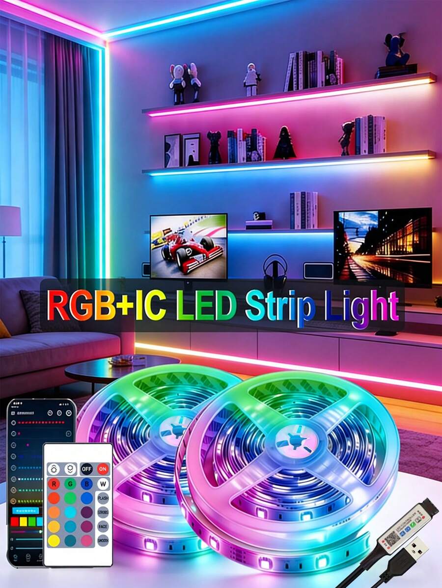 Tira de luz inteligente RGB, luz LED de 99,06-2999,74 cm, luces inteligentes RGB para TV, tiras de luz LED para decoración de habitaciones, control remoto de 24 teclas y control de aplicación, cambio de ritmo, brillo y dinámica, para sala de estar, dormitorio, decoración de fiestas de Pascua, Día de la Madre y bodas, dormitorio, sala de estar, techo, regalos navideños, decoración de fiestas de Navidad y bodas - luz de color - Ver 1