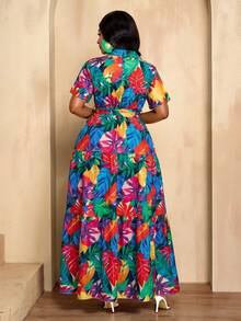 BIUBIU 大码多色热带树叶印花短袖纽扣前开襟系带层叠长连衣裙 - 夏季休闲度假海滩优雅女装 - 彩色 - 查看 2