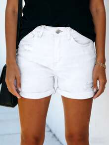 Women's Solid Color Casual Loose Cuffed Denim Shorts, Versatile Daily Wear White Summer - White - View 2