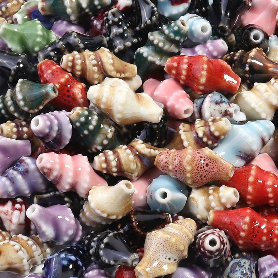 6颗扎染贝壳陶瓷珠，夏季海滩散珠，适合女性制作手链、项链、DIY首饰，复洛克风格