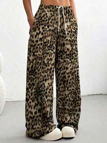 Women's Pink Leopard Print Drawstring Straight Leg Casual Pants With Pockets, Lightweight Stretchy Polyester Fabric - Coffee Brown - View 11