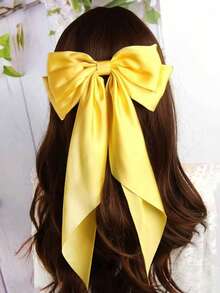 1 pieza Pinza de pelo de satén de seda grande para mujer con cola de cinta larga, Pinza de pelo con lazo blanco/amarillo/negro, Accesorio de pelo para boda, verano, vacaciones, viajes, festivales, cumpleaños - Amarillo - Ver 3