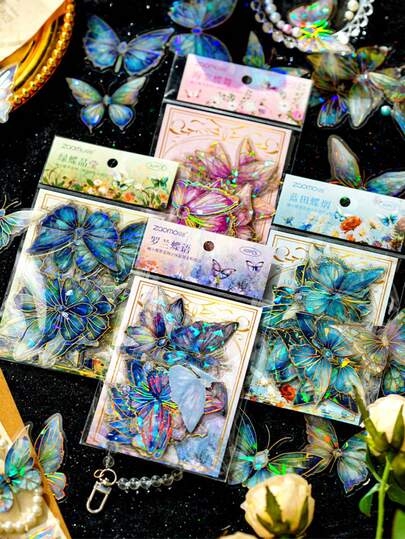 20 piezas Pegatinas doradas holográficas de la serie Mariposa Soñadora, Pegatinas retro de mariposas para scrapbooking