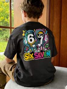 Camiseta de manga corta con estampado gráfico de números 6 y 7 de "Six Seven" y diseño de dibujos animados para niños, top de moda urbana fresca para el verano - Gris Oscuro - Ver 2