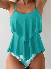 Local Delivery-New European And American Women'S Two-Piece Swimsuit Tankini Triangle Pants Coconut Tree Print Solid Color Swimwear For Women - Black - View 8