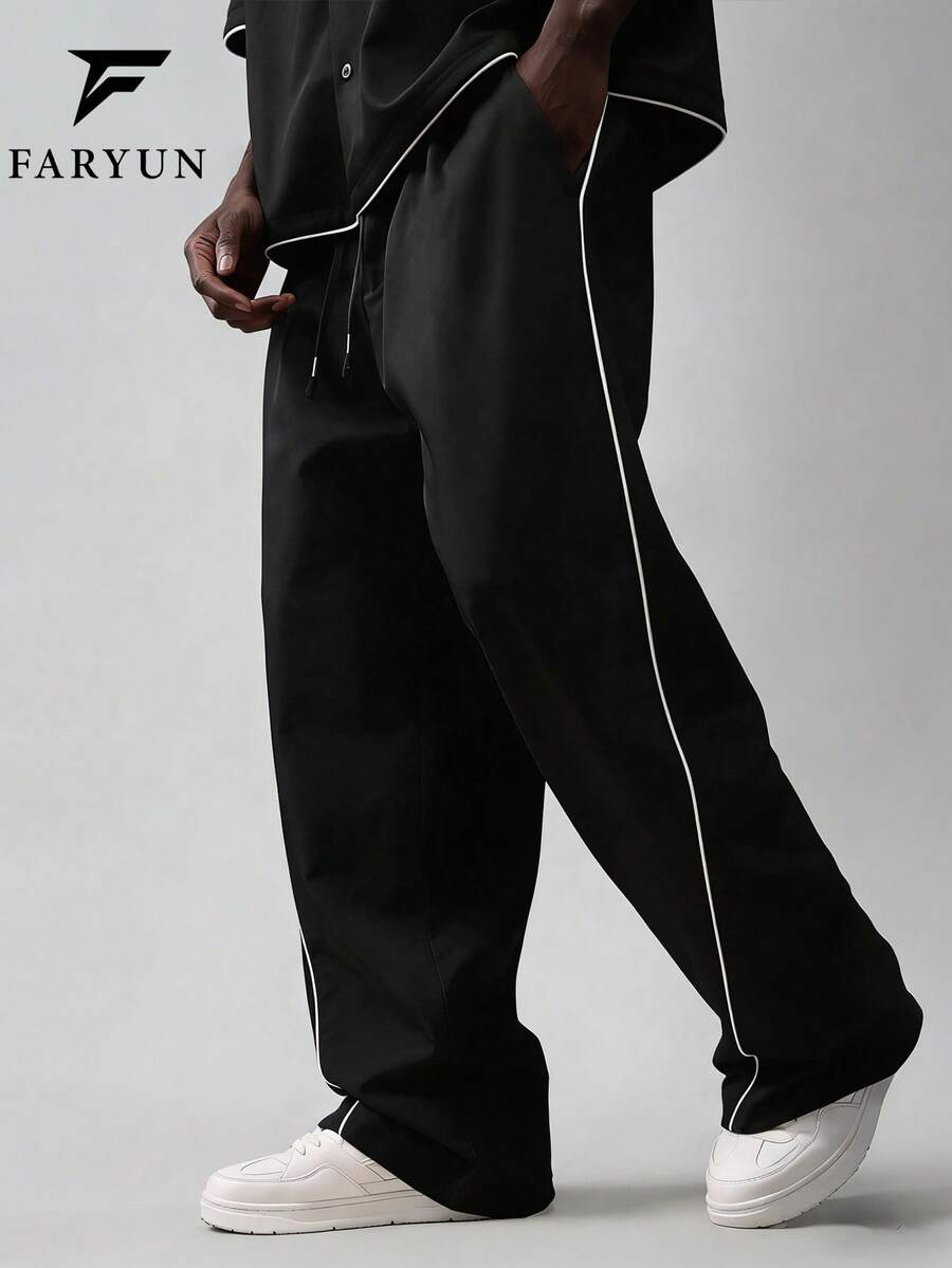 男士宽松阔腿裤，侧边撞色条纹，街头休闲裤 - 黑色 - 查看 1