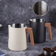 Coffee Milk Frothing Pitcher Jug Anti-Scald Wood Grain Handle 304 Stainless Steel Precision Scale Professional Coffee Utensils - 600ml Black - View 3