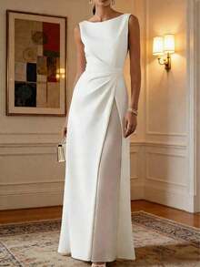 Elegant Sleeveless Fitted Maxi Dress, Women's Fashion Open Shoulder Fabric, Casual & Formal Gown With Zipper Detail White Summer - 黑色 - 查看 4