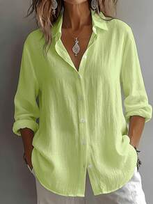 Women's Elegant Resort Style V-Neck Top, Loose And Relaxed Linen Blend Shirt, Suitable For Commuting, Casual, And Artistic Styles, Slimming And Flattering, Everyday Chic, Loose-Fitting, Draping, Breathable, Comfortable, And Relaxed Style. - 綠色 - 查看 10