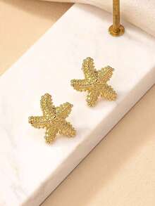 1 Pair Fashionable Beach Vacation Style Starfish Shaped Earrings For Women, Matching Ocean Themed Design - Yellow Gold - View 3